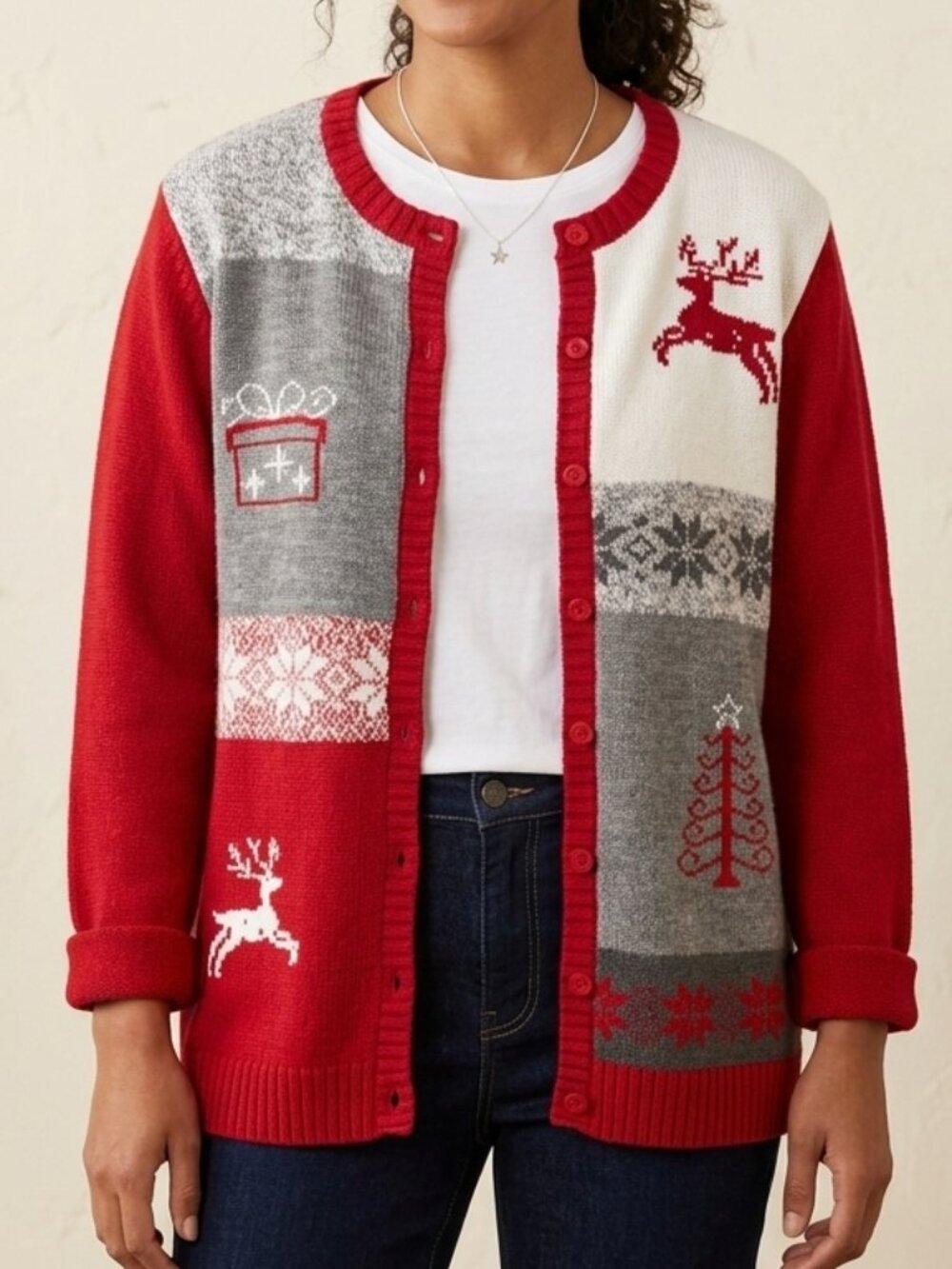 Vintage Penmans Holiday Patchwork Christmas Red Reindeer Cardigan Sweater XL